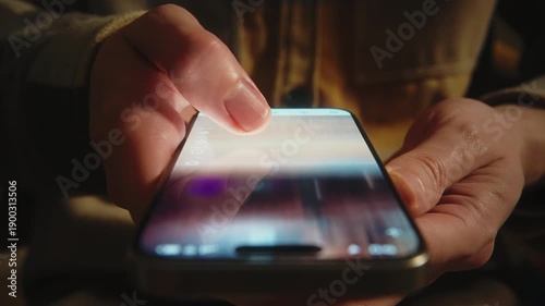 Close-up male hand in casual jacket scrolling social media feed on smartphone at night. Swipe motion blur on phone screen. Evening online browsing, digital lifestyle, content consumption, technology