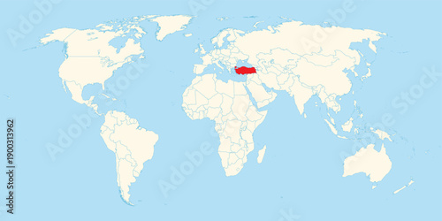 Flat world map illustration highlighting Turkey in red situated between Europe and Asia continents clearly