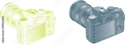 Wireframe camera models in yellow and teal pointillist style with zoom lenses