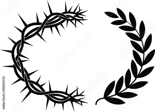 Contrasting Thorn and Laurel Wreaths in Black Vector Illustration, flat design