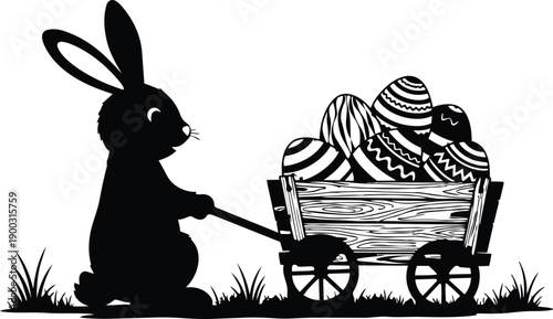 Rabbit pulling a cart with striped balls, flat design vector illustration
