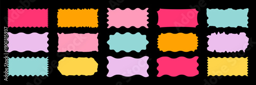 Wavy organic rectangle bright colorful abstract shapes on black background with curvy hand-drawn edges. Playful frames and text boxes for banners, posters, stickers, modern design, vector illustration