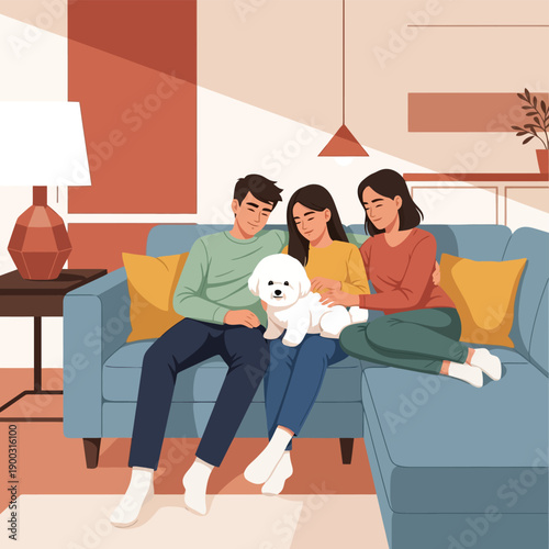 Group of people sitting on sofa with dog in cozy modern living room