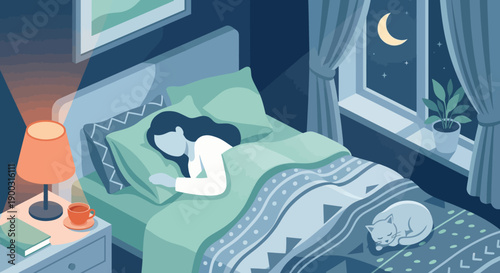 Woman sleeping soundly in bed next to a cat during a peaceful night