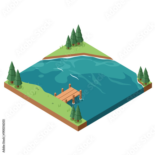 Isometric lake landscape with wooden pier and evergreen trees