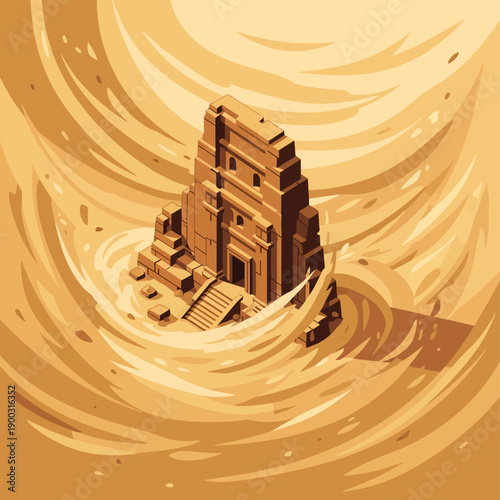 Isometric Temple Monument Swirling in Desert Sandstorm