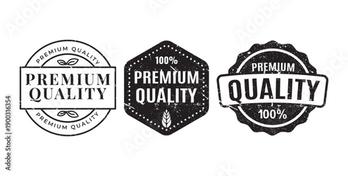 Collection of black and white premium quality satisfaction guarantee badges for commercial product branding and marketing