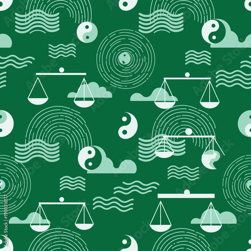 Green Geometric Seamless Pattern with Scales of Justice and Yin Yang Symbols.