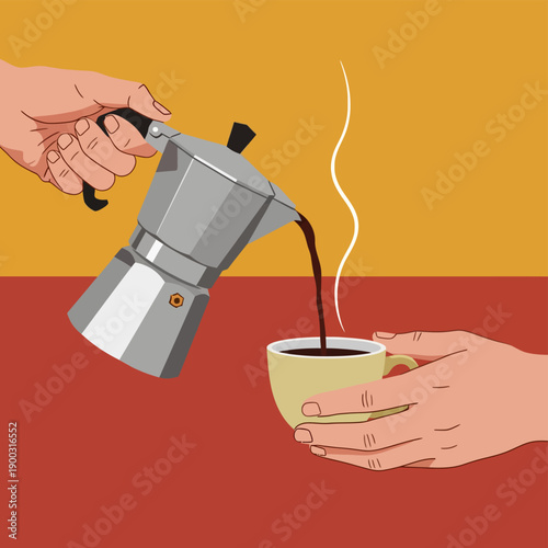 Pouring Coffee from Moka Pot into Cup Flat Vector Illustration