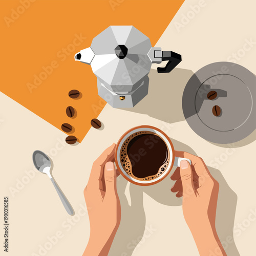 Hands holding a coffee cup next to Moka pot and scattered beans