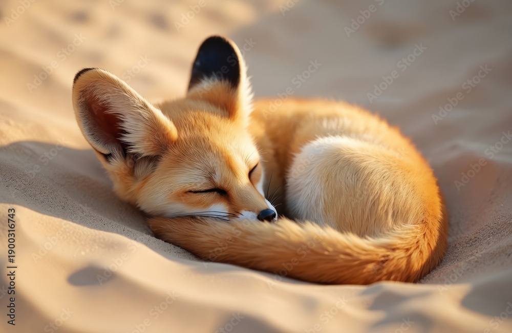 Obraz premium Fennec fox sleeps curled in soft sand. Small wild canine rests on dune under warm golden hour light. Desert animal fur glows. Peaceful sleepy scene.