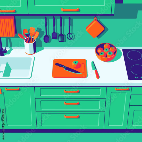 Flat design vector illustration of a kitchen countertop and cooking tools