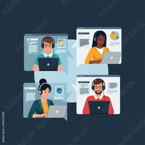 Diverse virtual team meeting using laptops and headsets