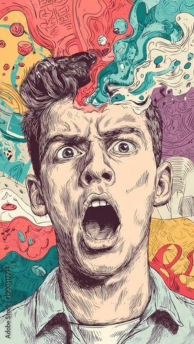 Engraving Illustration of a Man Screaming in Mental Stress and Overload