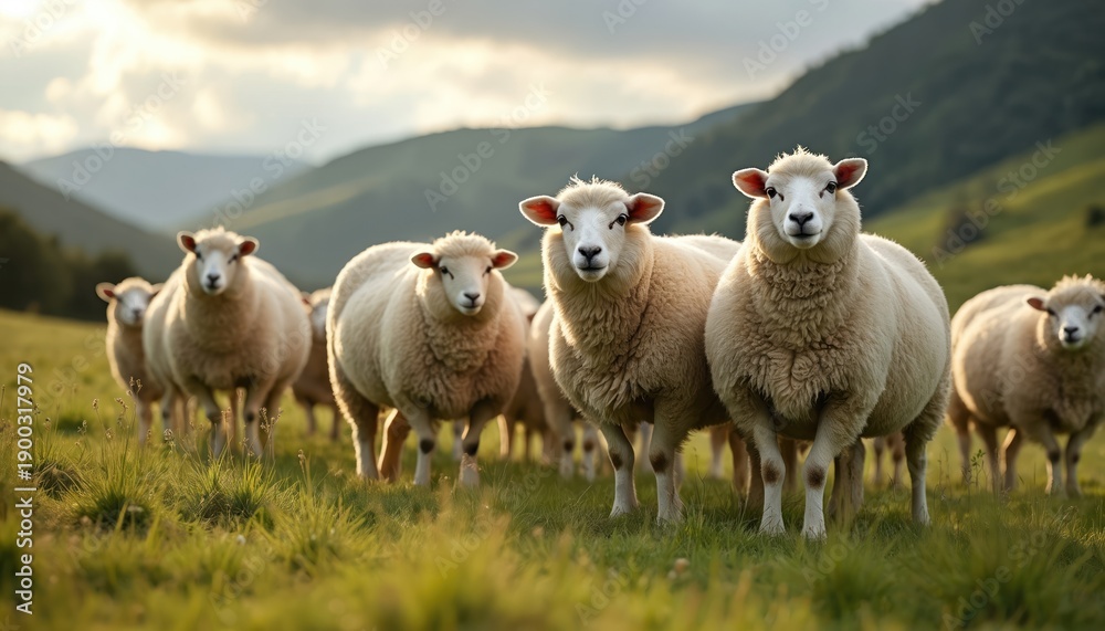 Obraz premium Flock of merino sheep graze in green grassy field. Woolly farm animals stand in rural countryside landscape with rolling hills. Livestock herd on pasture under soft sky.