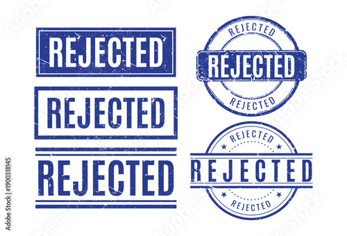 Set of blue rejected rubber stamps in various shapes for document verification status and official refusal