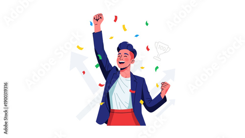 Person celebrating with confetti and trophy symbol
