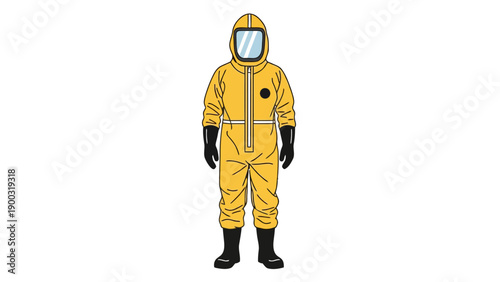 Person in yellow hazmat suit with black gloves and boots