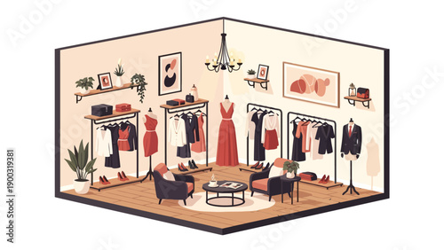 Pixel art boutique interior with apparel displays and seating