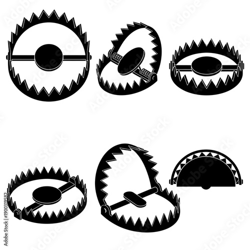 Set of bear trap illustrations in various positions and designs