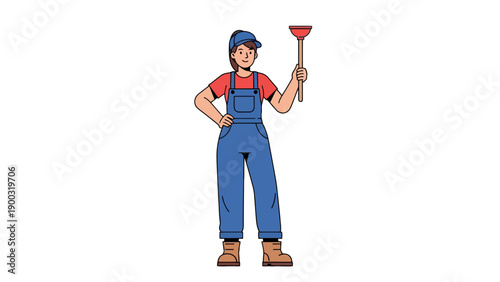 Plumber holding a plunger wearing blue overalls and a red shirt