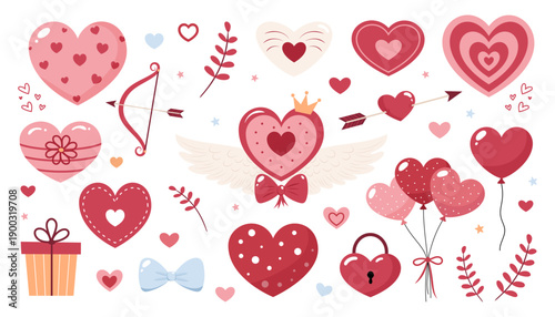 Collection of love themed hearts, balloons, bow, and crown, Valentine's celebration