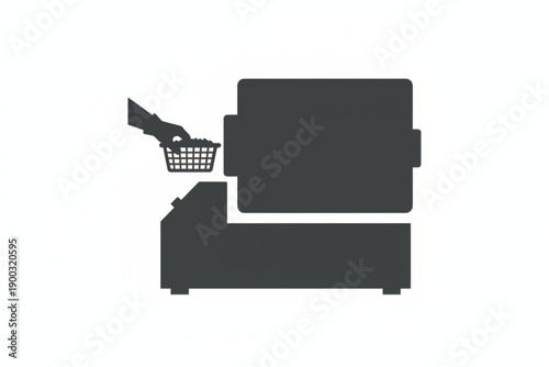 Silhouette of Commercial Appliance Usage: A minimalist silhouette illustrates a hand placing a basket into a commercial appliance, signifying utilization in a work setting. 