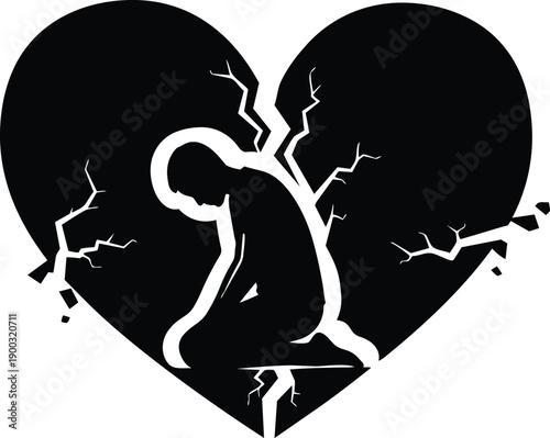 Broken Heart with Cracked Person Inside Flat Design Vector Illustration