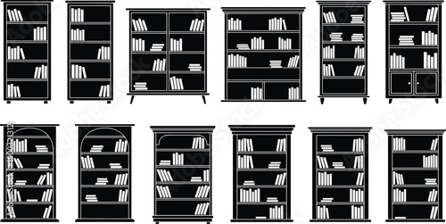Modern bookshelf silhouettes collection, black and white library furniture illustration, bookcase icons set, interior design elements, minimalist home decor