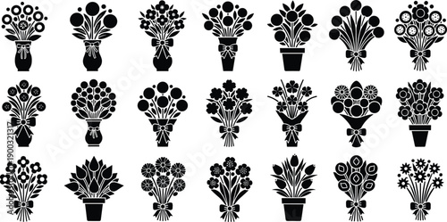 Floral bouquet silhouette collection, black and white flower arrangements, decorative plant icons set, minimalist botanical illustration, wedding and decor design
