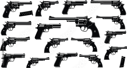 Handgun silhouette collection, revolver and pistol weapon set, black firearm illustrations for security, defense, law enforcement, shooting sport design