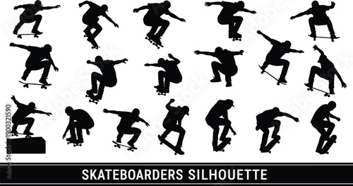 Skateboarders silhouette set, extreme street skateboarding tricks, jumping action poses, urban sport illustration for youth culture, motion design, vector collection