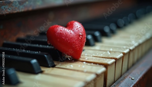 Red heart with water droplets rests on old piano keys. Symbol of love music passion and emotion in classic instrument. Moody romantic scene with vintage texture.