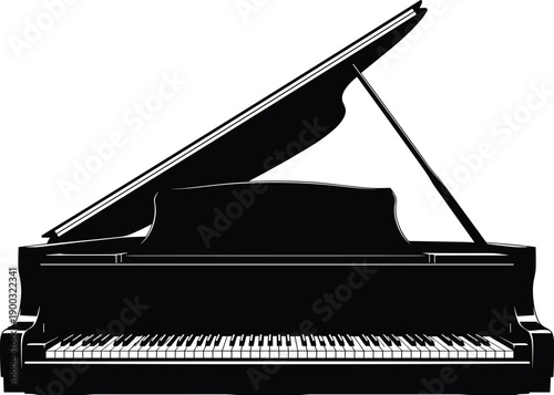 Vector, black, silhouette, illustration, of, a, classic, grand, piano, with, open, lid, for, classical, music, concert, performance, theater, elegant, event, and, musical, instrumen