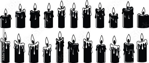 Vector, black, silhouette, illustration, set, of, various, burning, candles, with, dripping, wax, and, flames, for, celebration, memorial, spiritual, atmospheric, and, decorative, holiday, design