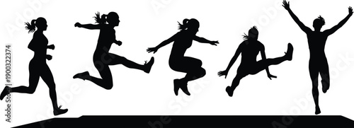 Vector, black, silhouette, illustration, set, of, female, athletes, in, action, including, running, jumping, and, sprinting, for, track, and, field, sports, competition, and, fitness, design