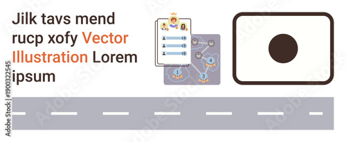 Road safety, task planning, surveillance, project management, analytics, traffic control. Various graphical icons on digital interface elements. Road safety and task planning theme