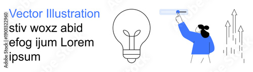 Innovation, creativity, growth, technology, inspiration, progress. A lightbulb, abstract text and a person moving a slider. Innovation and creativity concepts showcased through modern elements