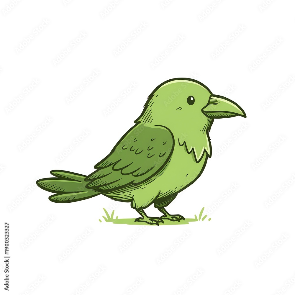 Fototapeta premium A cartoon green bird stands on grass