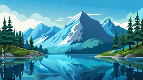 Mountain Lake With Snowy Peaks and Reflection
