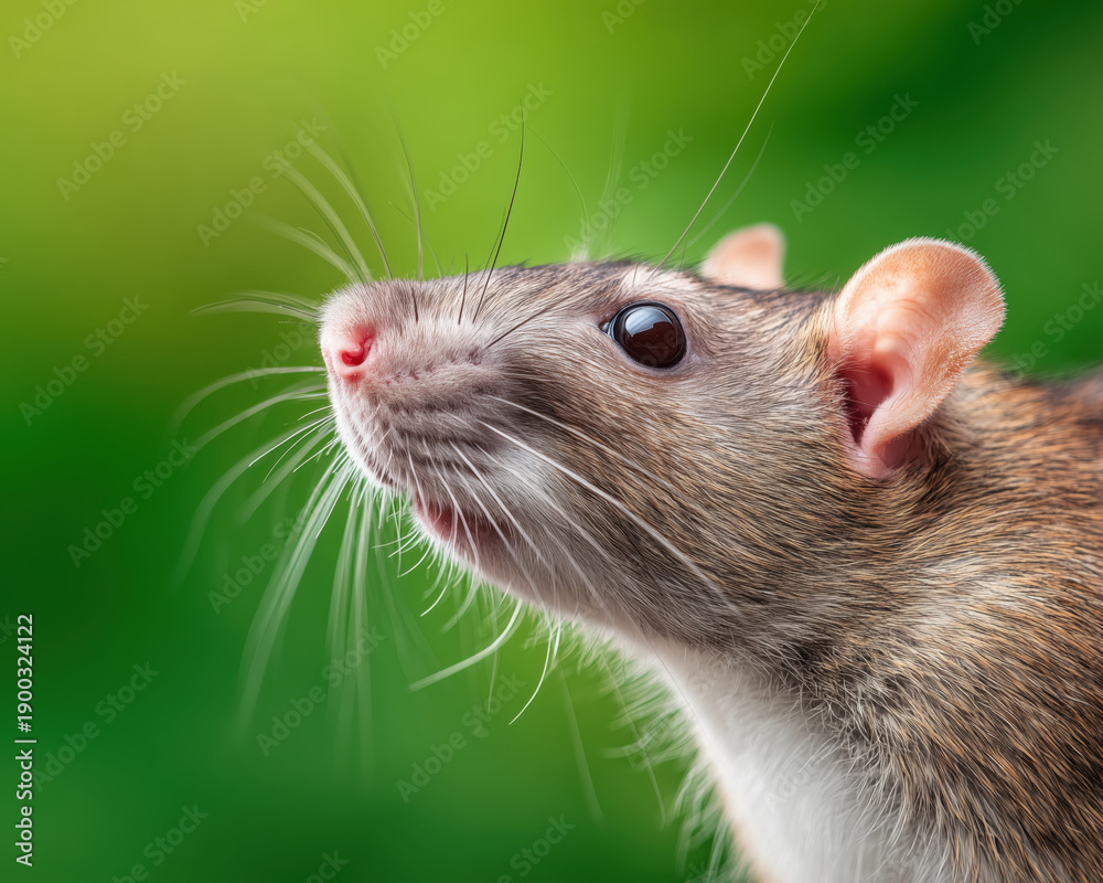 Obraz premium Cute rat portrait green background closeup happy pet rodent animal whisker detail profile