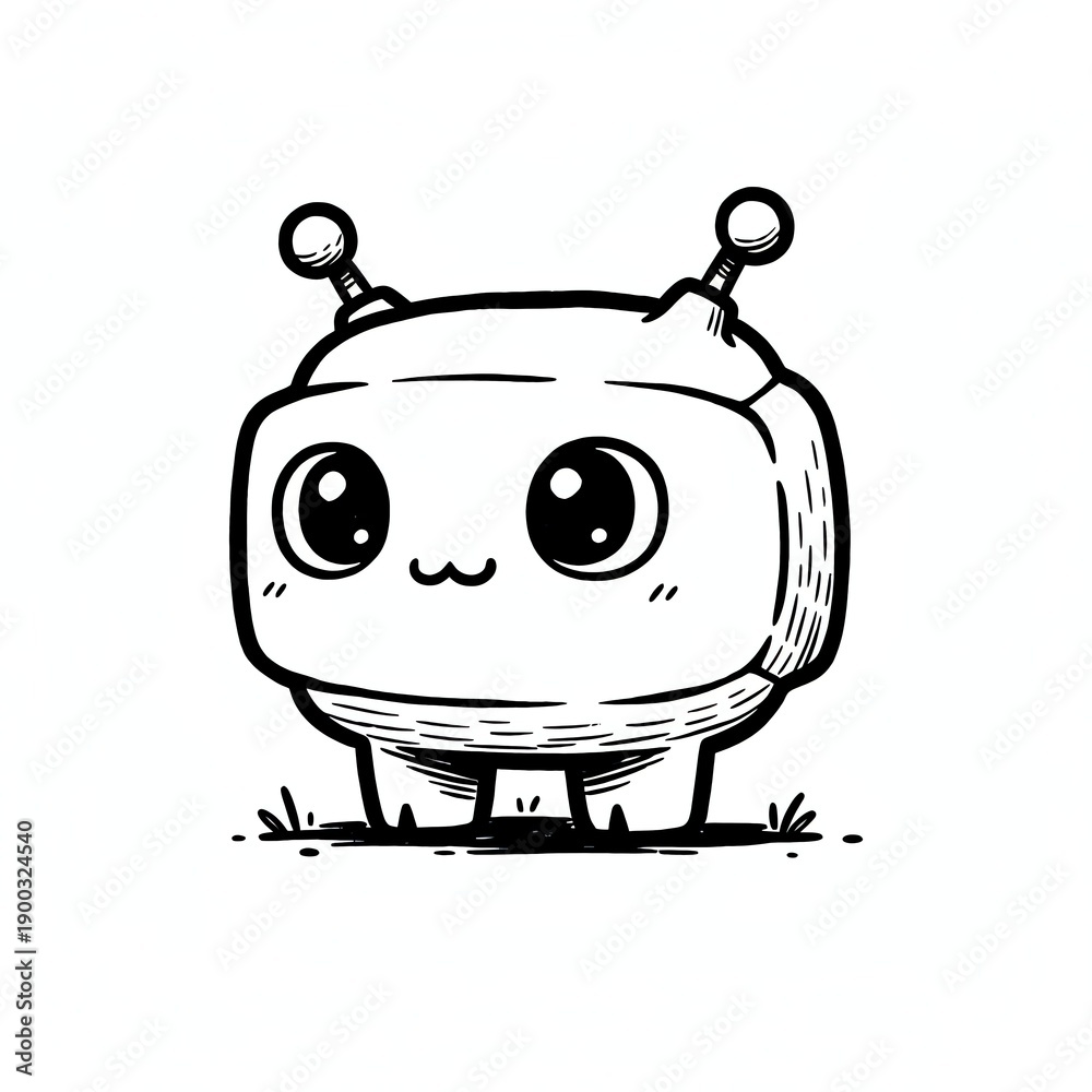 Fototapeta premium Cute robot with big eyes and antennas standing on grass