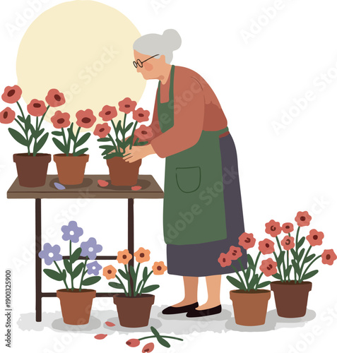 Elderly Woman Gardener Caring For Potted Flowers Pastel Yellow Sun Flat Design