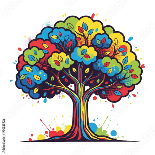 Shady tree with pop art design. Isolated on white background.