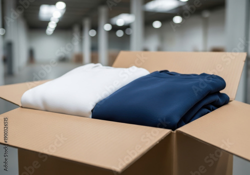Neatly folded white and navy sweatshirts packed in open cardboard box placed in spacious warehouse interior with blurred industrial background and soft daylight