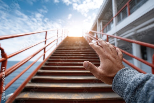 Hand reaching towards illuminated stairs leading up into a cloudy sky over a calm ocean, symbolizing aspiration and opportunity. Development, Achievement, Motivation, Career Growth Concept