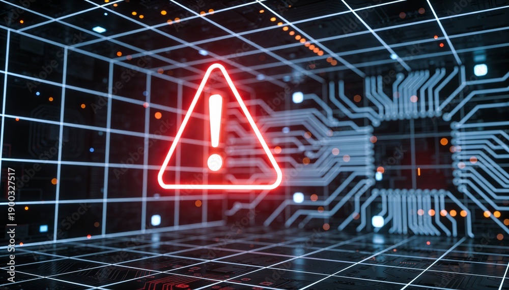 Fototapeta premium A virus alert warning displayed on a digital screen with red danger symbols and glitch effects, in a futuristic environment, no text