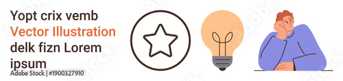 Innovation, creativity, personal reflection, ideas, problem-solving, motivation. A star icon, a glowing light bulb and a pensive person with a hand under their chin. Creativity and innovation