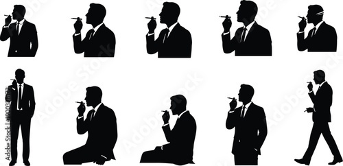 Black silhouette set of a professional businessman in a formal suit smoking a cigar in various standing and sitting poses