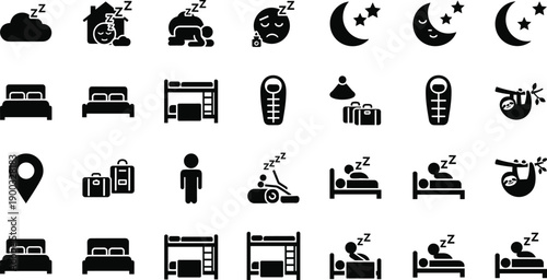 Black sleep and hotel icons featuring beds bunk beds sleeping bags moons sloth characters and luggage for travel and rest themes